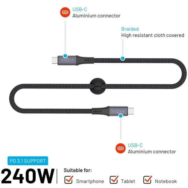 FIXE Multimedia Cable USB-C/USB-C USB4 gen2 20Gbps PD 3.1 240W 4K@60Hz 2m vävd grå