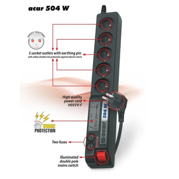 Stikdåse - 5 udtag med kontakt Acar W0073 (3 m)