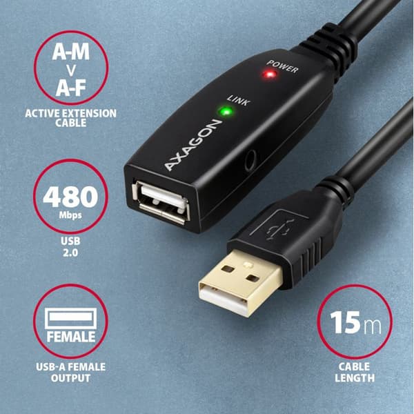 Axagon ADR-215 Aktiv USB 2.0 Förlängning AM > AF-kabel, 15 m lång. Strömförsörjning alternativ.