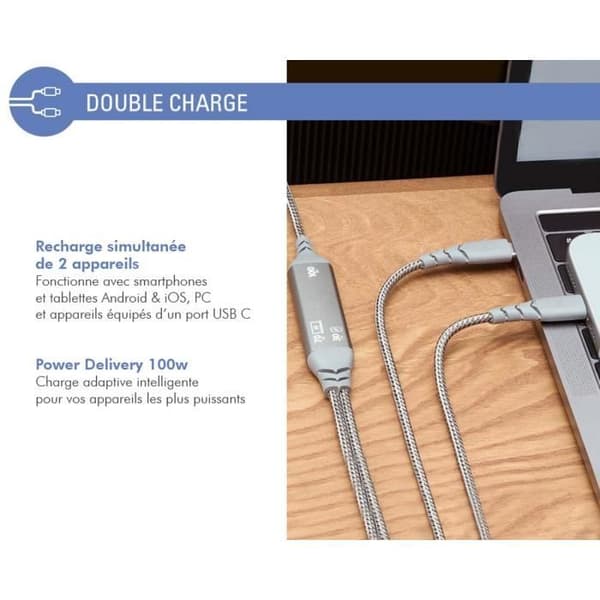 Ultraförstärkt USB C/USB C + USB C Duo-kabel 2m 100W Grå - Force Power Livstidsgaranti