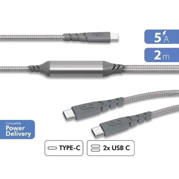 Ultraförstärkt USB C/USB C + USB C Duo-kabel 2m 100W Grå - Force Power Livstidsgaranti