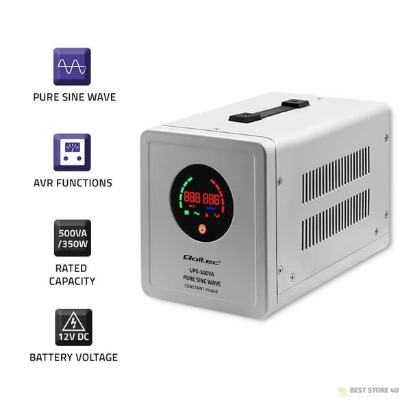 QOLTEC REN SINUSBØLGE UPS | 500VA | 350W | FASTFASE | GRÅ