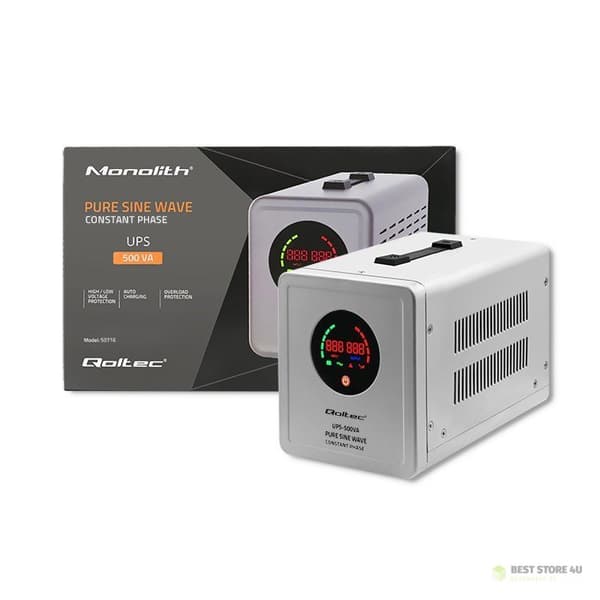 QOLTEC REN SINUSBØLGE UPS | 500VA | 350W | FASTFASE | GRÅ