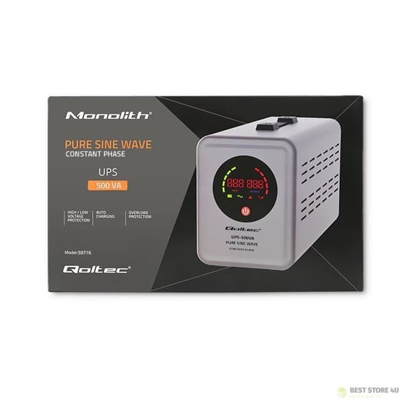 QOLTEC REN SINUSBØLGE UPS | 500VA | 350W | FASTFASE | GRÅ