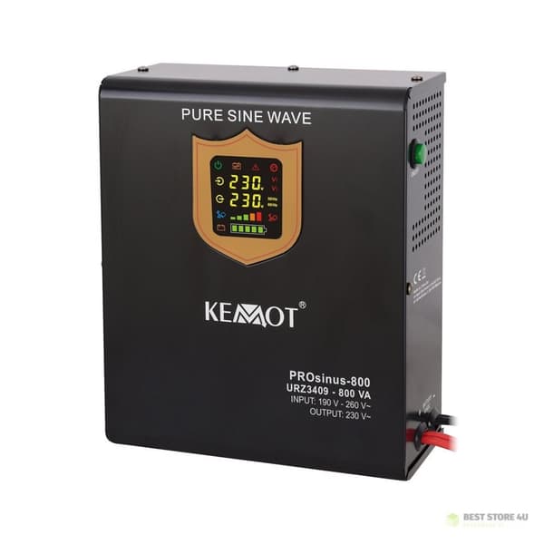 KEMOT PROsinus-800 vægmonteret nødstrømsforsyning, ren sinuskurvekonverter med ladefunktion 12V 230V 800