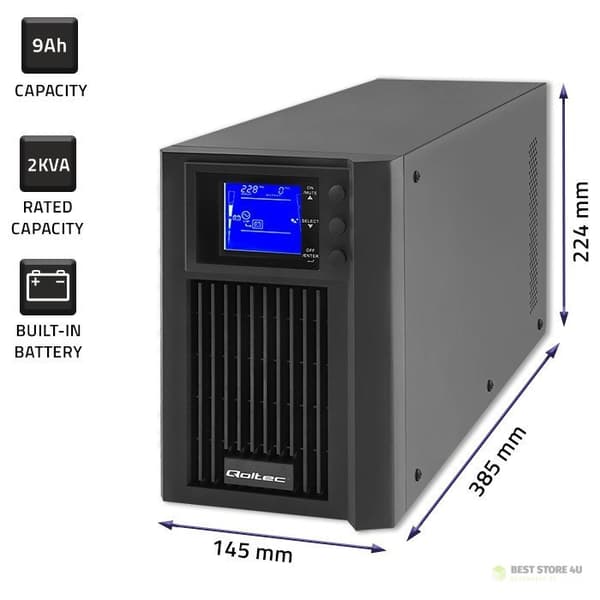 QOLTEC UPS ONLINE NØDSTRØMFORSYNING | REN SINUSBØLGE | 2 KVA | 1,6 KW | LCD | USB