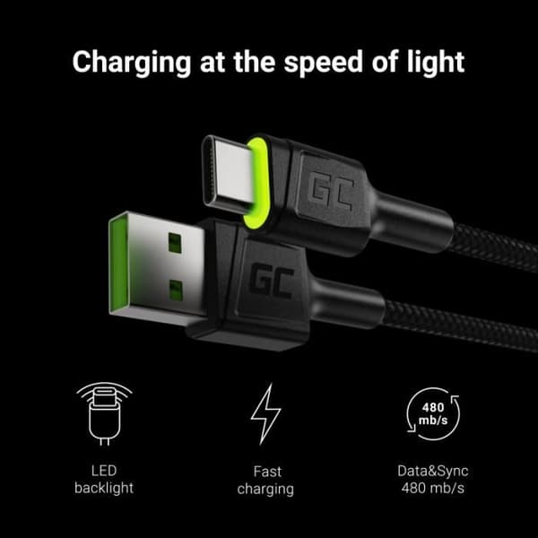 USB-kabel - Green Cell - GC Ray - 1,2m - Snabbladdning - Grön belysning