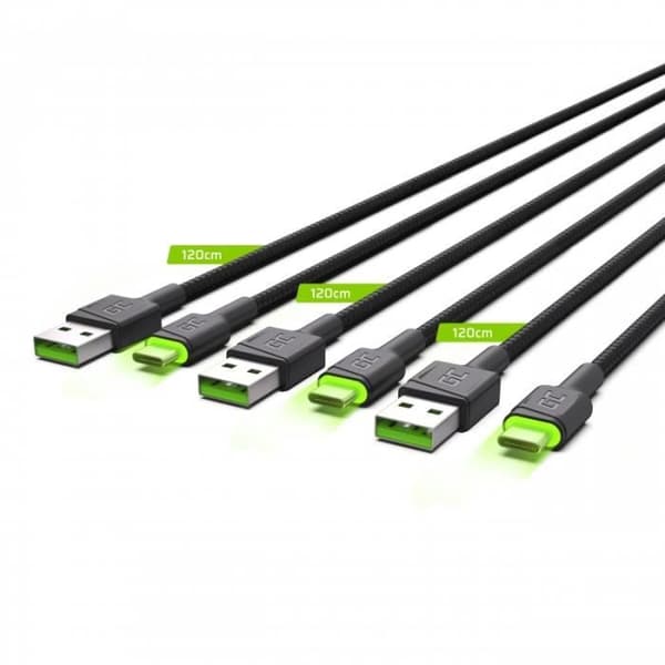 Set 3x Green Cell GC Ray USB-kabel - USB-C 120cm, grön LED, Ultra Charge snabbladdning, QC 3.0