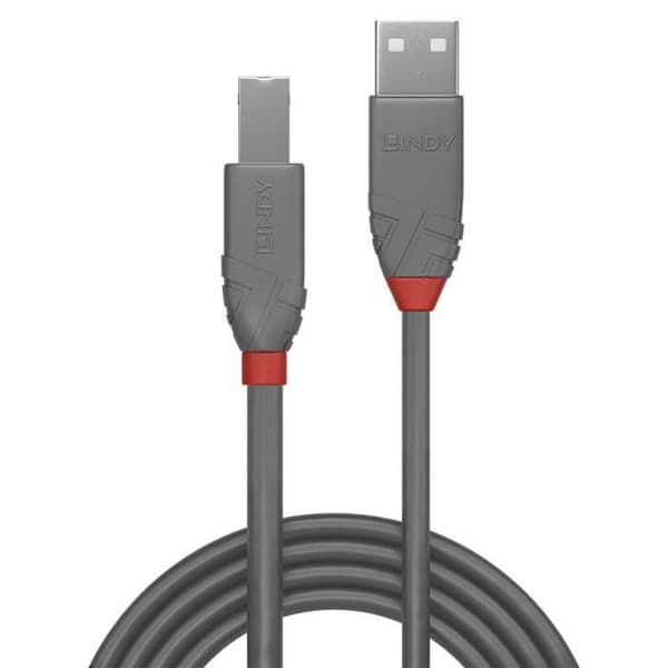 LINDY Anthra Line USB-kabel - 5m - USB 2.0 - USB A till USB B-kontakt - Dubbelskärmad - Grå