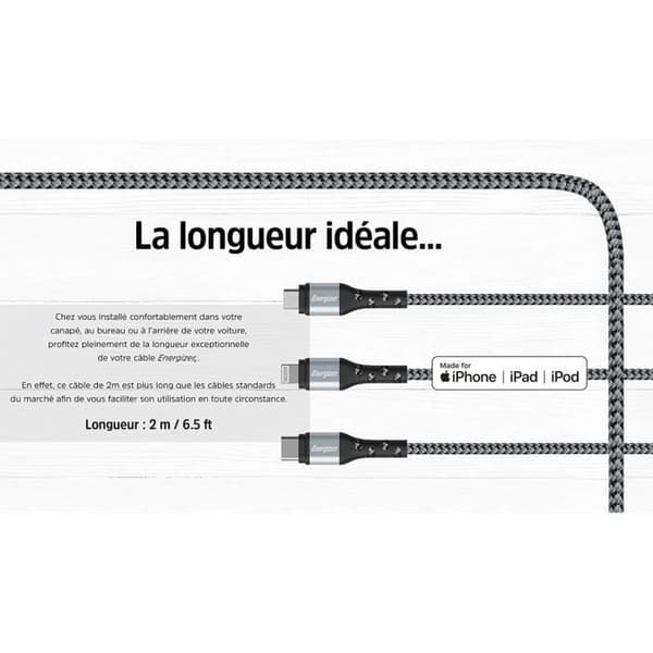 USB-C laddningskabel - ENERGIZER - Flätad - 2 m - Högt motstånd - Blå