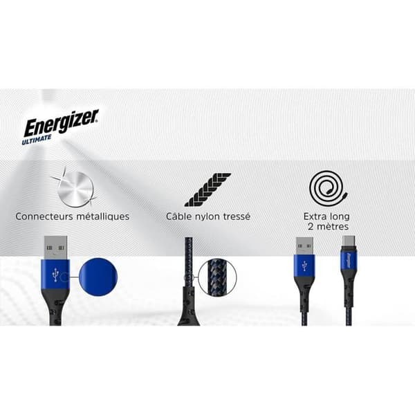 USB-C laddningskabel - ENERGIZER - Flätad - 2 m - Högt motstånd - Blå