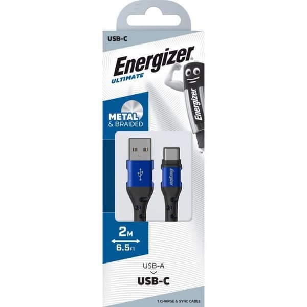 USB-C laddningskabel - ENERGIZER - Flätad - 2 m - Högt motstånd - Blå