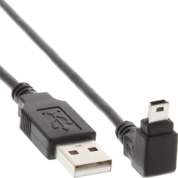 Mini InLine® USB 2.0-kabel, hane A till hane Mini-B (5pol.) vinklad nedåt 90°, svart, 2m