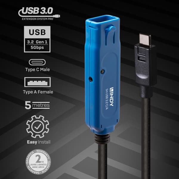 USB-kabel - LINDY - 43380 - USB 3.2 Gen1 - 5,00 m - Svart/Blå