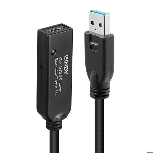 Aktiv USB-kabel - LINDY - 20,00 m - USB 3.2 Gen1 - USB-A hane till USB-C hona - Svart