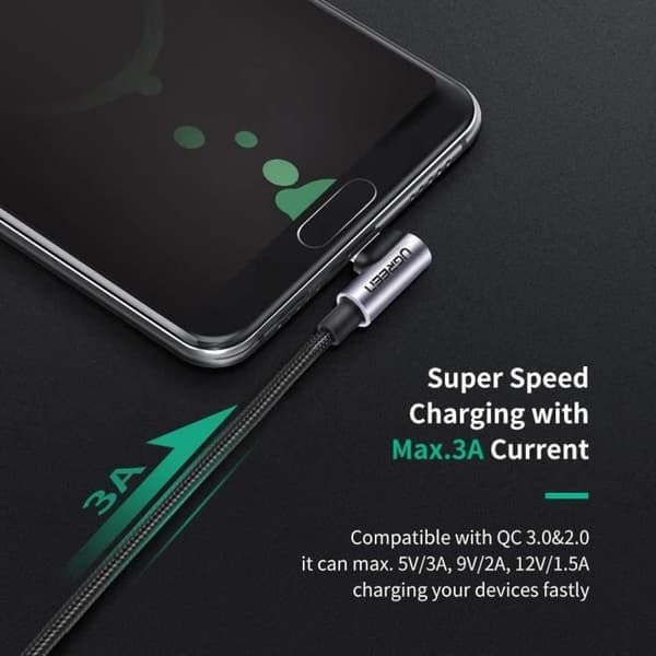 UGREEN 90 graders vinklad USB C-kabel 3A snabbladdning flätad nylon, 1M