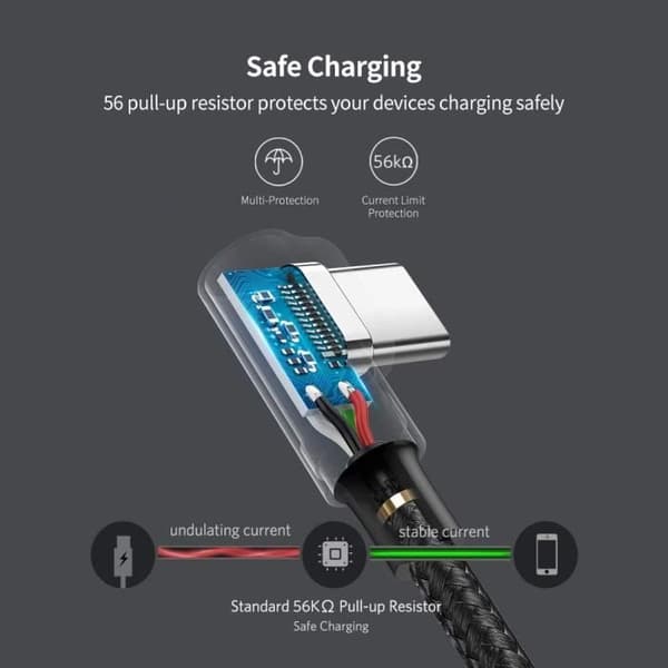 UGREEN 90 graders vinklad USB C-kabel 3A snabbladdning flätad nylon, 1M