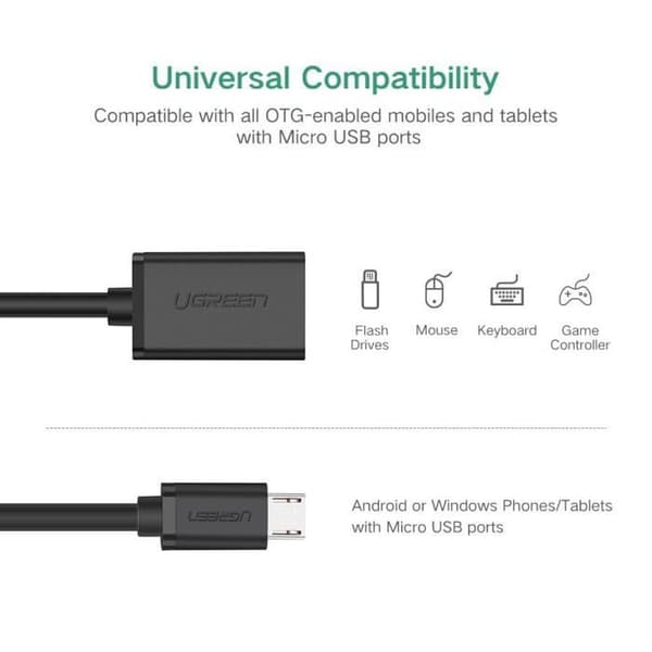 UGREEN USB Hona till Micro USB Hane Adapterkabel - Samsung, Huawei, Sony - Svart - Skärmad - 10 cm