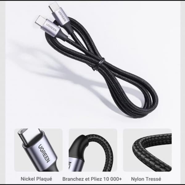 UGREEN USB C till USB C-kabel (1M) Snabbladdning 60W nylonflätad kompatibel med iPhone15 Galaxy S24 S23 iPad MacBook Steam Deck