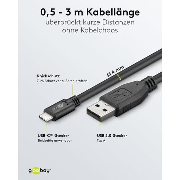 Goobay 55469, 3 m, USB C, USB A, 2.0, 480 Mbit-s, svart