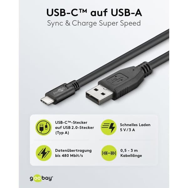 Goobay 55469, 3 m, USB C, USB A, 2.0, 480 Mbit-s, svart