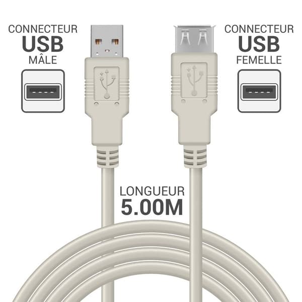 Förlängning USB 2.0-kabel 5,00 m Waytex 11350 Hane A till Hona A, Grå för skrivare, mus, tangentbord och valfri USB-enhet