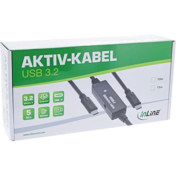 InLine Aktiv kabel USB 3.2 Gen.1 - USB-C hane till USB-C hane - Adapterkabel med signalförstärkning - Förlängning lo