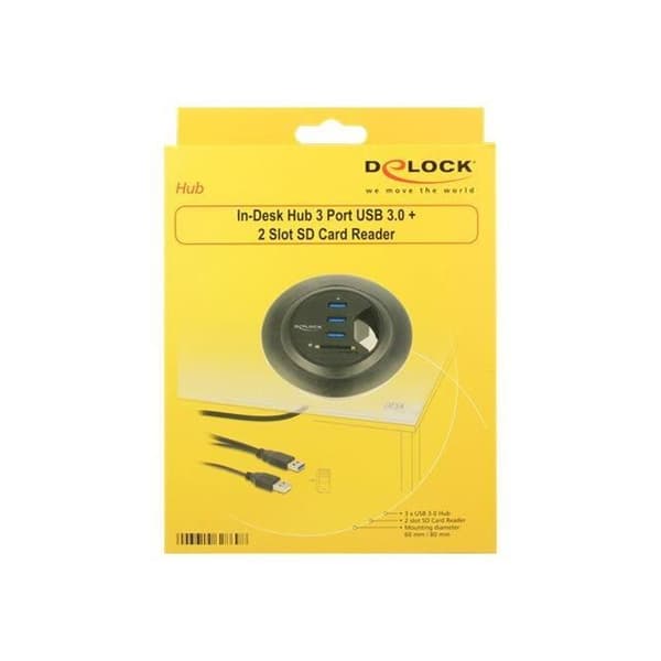 DeLock In-Desk Hub 3 portar USB 3.0 + 2 kortplatser SD-kortläsare Hub 3 x SuperSpeed USB 3.0 stationär dator