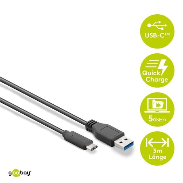 goobay USB-C kabel - 3m svart - central kopparledare