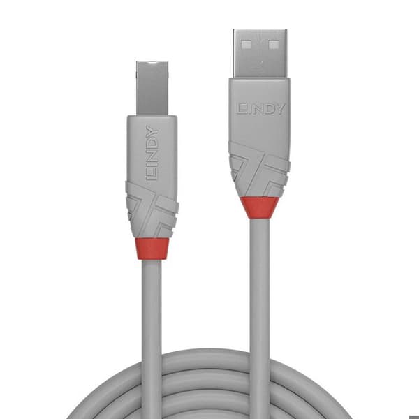LINDY USB-kabel - 0,5m - USB A till USB B - Dubbelskärmad - Grå