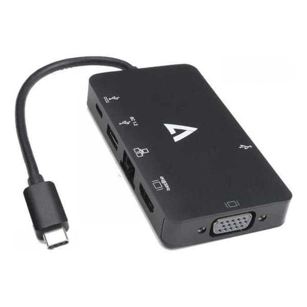 USB C-adapter - V7 - USB 3.0 RJ45 HDMI VGA-kabel - Svart - Multi-kontakter - Stöd för nätverk