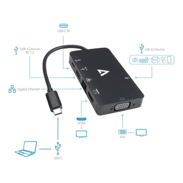 USB C-adapter - V7 - USB 3.0 RJ45 HDMI VGA-kabel - Svart - Multi-kontakter - Stöd för nätverk