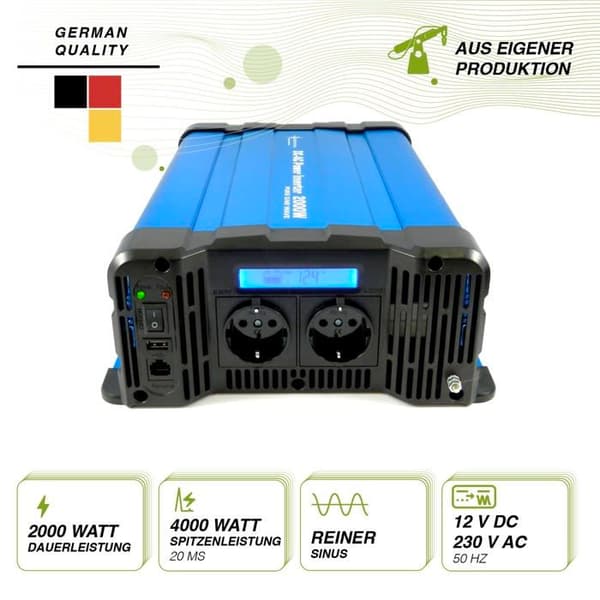 Solartronics - 0312201DP - Spänningsomvandlare FS2000D 12V 2000/4000 Watt Pure Sine Blue med Display