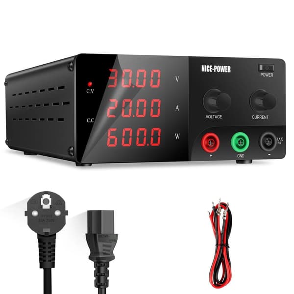 Justerbar DC strømforsyning, 30V/25A Høj effekt, LCD-skærm med hukommelsesfunktion,AC 220V = Vekselstrøm 220V, 30V 20A = 30 volt 20 ampere