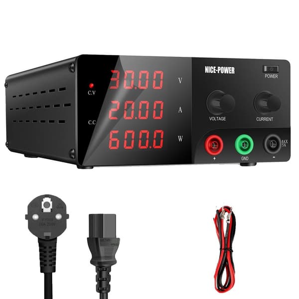 Justerbar DC strømforsyning, 30V/25A Høj effekt, LCD-skærm med hukommelsesfunktion,AC 220V = Vekselstrøm 220V, 30V 20A = 30 volt 20 ampere