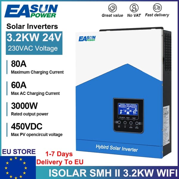 Hybrid sol inverter, ren sinuskurve, flere batterispændinger, tilslutning,SMH-II-3.2KW-24V-WIFI