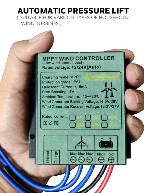 MPPT Vindladningskontrol, 40A Maksimal Strøm, IP67 Vandtæt, Kompatibel med 12V/24V/48V,20A, 48V