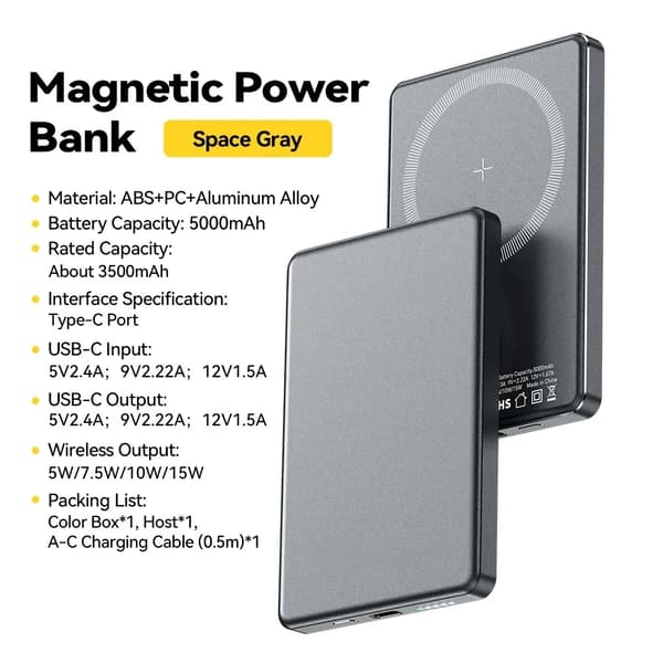 Magnetisk Power Bank, 5000mAh kapacitet, hurtig USB-C opladning,Grå-5000mAh, 5000mAh