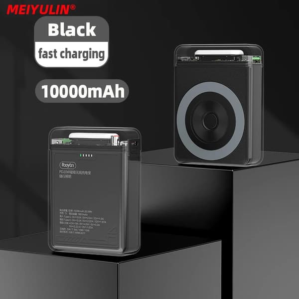 Bærbar trådløs powerbank, 10000mAh kapacitet, hurtigopladningsteknologi,10000mAh, 10000mAh Sort