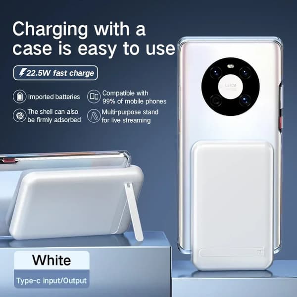 Bärbar trådlös powerbank, 10000mAh kapacitet, 22.5W snabbladdning,Vit TYPE-C