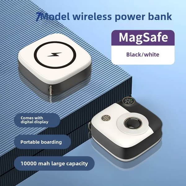 Trådløs Magnetisk Power Bank, 10000mAh Kapacitet, Digital Skærm,10000mAh, sort