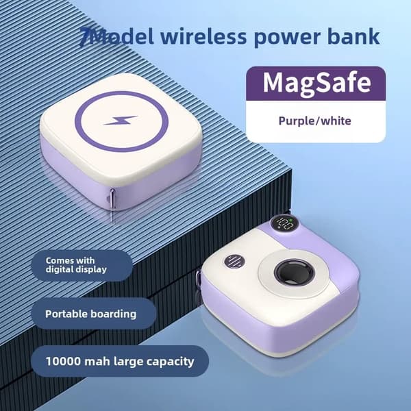 Trådlös magnetisk powerbank, 10000mAh kapacitet, digital display,Lila, 10000mAh