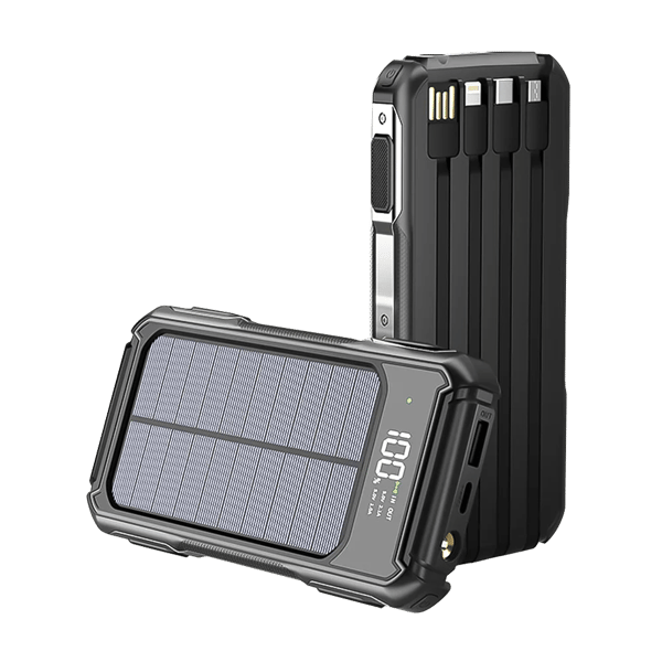 10000mAh Solkraftbank, Dubbel USB-utgång, Inbyggda kablar,svart, 10000mAh