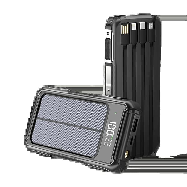 10000mAh Solkraftbank, Dubbel USB-utgång, Inbyggda kablar,svart, 10000mAh