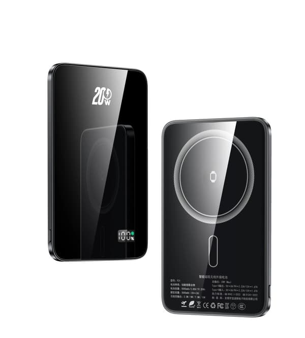 Power Bank, Magnetisk Type, 23W Maksimal Udgang, Trådløs Opladning,5000mAh-sort, 5000mAh