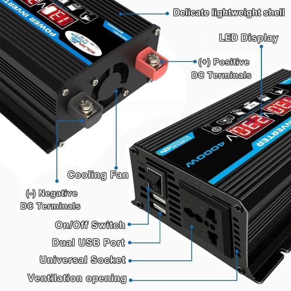 300W 12V till 220V bil strömriktare med dubbel USB/dubbel digital display, modifierad sinusvåg, multipelskydd