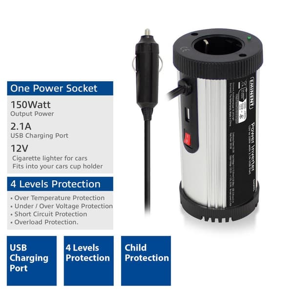 150W Power Inverter 12V to 230V with 2.1A USB port Sort, Sølv