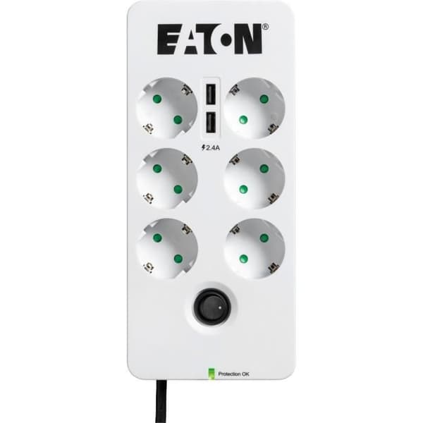Eldosa/blixtskydd - EATON Protection Box 6 Tel@ USB DIN - PB6TUD - 6 DIN-uttag + 1 tel/RJ-uttag + 2 USB-portar - Vit & Svart