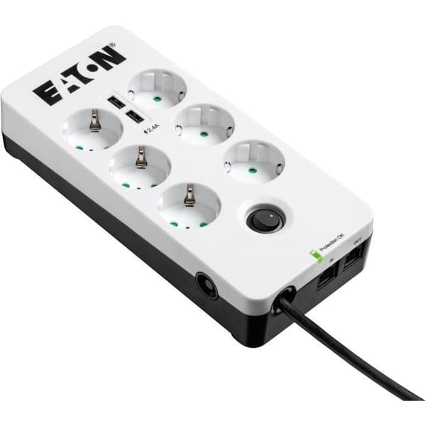Eldosa/blixtskydd - EATON Protection Box 6 Tel@ USB DIN - PB6TUD - 6 DIN-uttag + 1 tel/RJ-uttag + 2 USB-portar - Vit & Svart
