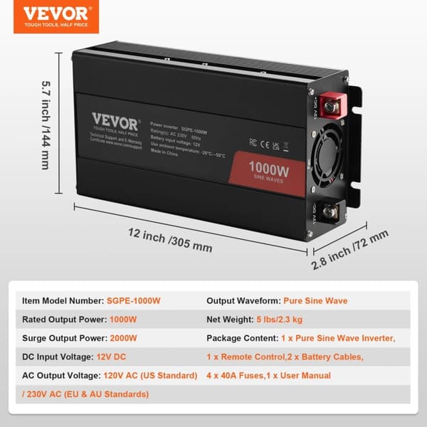 Ren sinusvågsinverterare, 1000 W effekt, fjärrkontroll, 1000 W